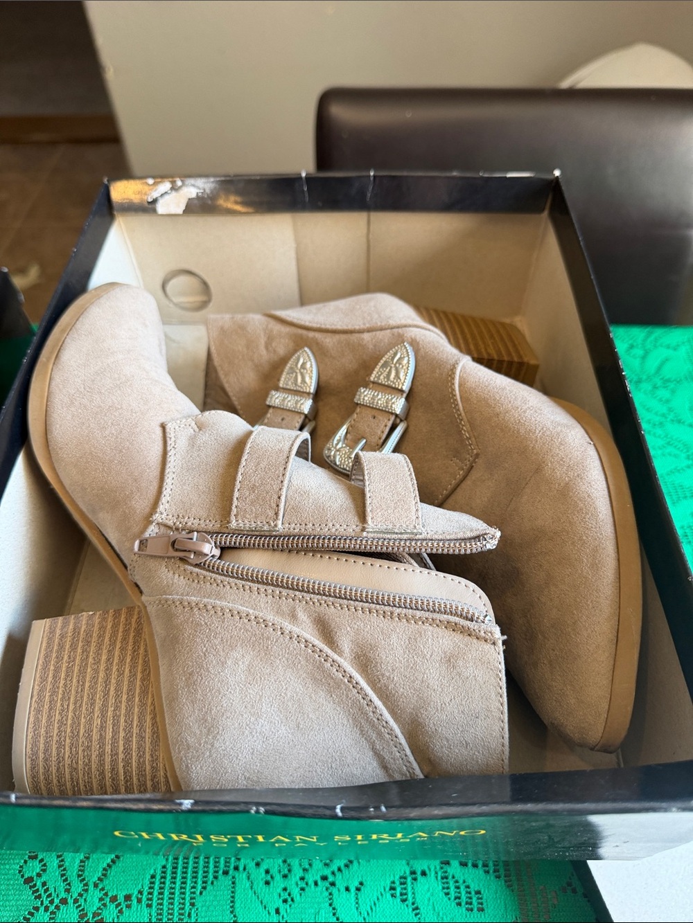 Christian Siriano Taupe Suede Pointed Ankle Boots with Triple Buckle Straps - Picture 7 of 7